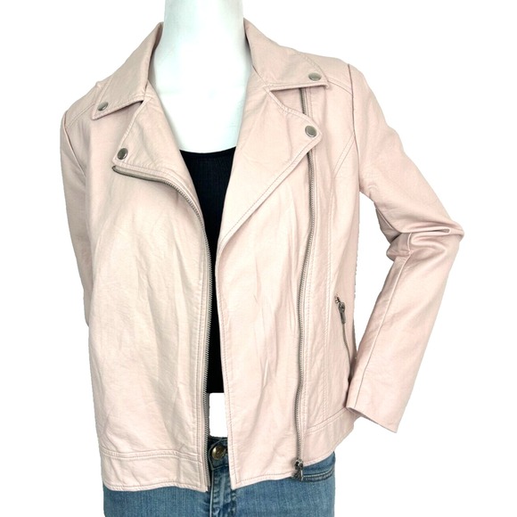 NEW Forever21 Faux Leather Biker Jacket Asymmetric Zip Belt Lined Pink M - Picture 1 of 7